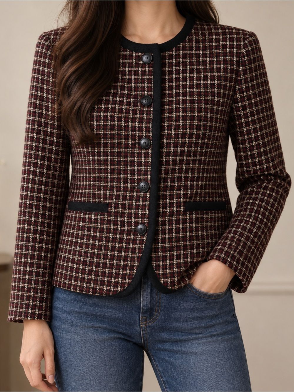 Vintage 90s Plaid Blazer Women’s 14 Burgundy Black Tailored Jacket